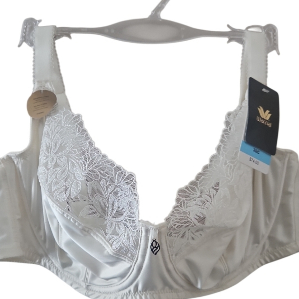 NEW! WACOAL Intimates Ivory/Cream Lace Detail Unlined Satin Underwire Bra 38C.